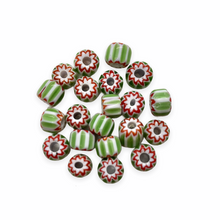 Load image into Gallery viewer, Rosetta star chevron glass rondelle roller beads 25pc green red white 6mm-Orange Grove Beads
