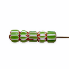 Load image into Gallery viewer, Rosetta star chevron glass rondelle roller beads 50pc green red white 6mm
