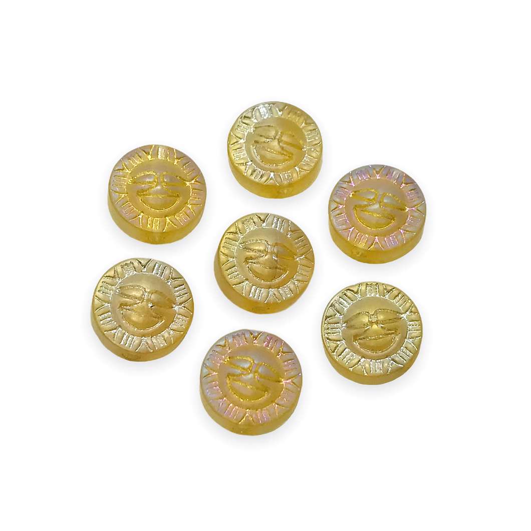 Glass sun face coin disk beads 10pc matte light yellow topaz AB 10mm-Orange Grove Beads