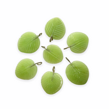 Load image into Gallery viewer, Wired lampwork glass large leaf charms 12pc light green brass 16mm-Orange Grove Beads

