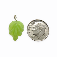Load image into Gallery viewer, Wired lampwork glass leaf charms 12pc light green brass 15x12mm
