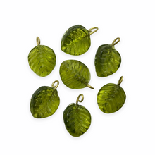 Load image into Gallery viewer, Wired lampwork glass leaf charms 12pc olivine green brass 13x12mm-Orange Grove Beads
