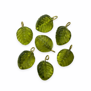Wired lampwork glass leaf charms 12pc olivine green brass 13x12mm-Orange Grove Beads