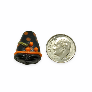 Lampwork glass Halloween orange black polka dot witch hat focal beads 4pc 22mm