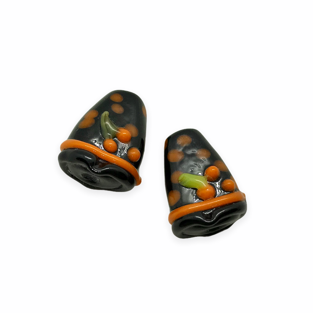 Lampwork glass Halloween orange black polka dot witch hat focal beads 2pc 22mm -Orange Grove Beads