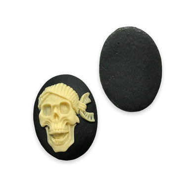Laughing pirate skull resin oval cabochon cameo 4pc ivory black 18x25mm-Orange Grove Beads