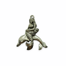 Load image into Gallery viewer, Mermaid riding dolphin pendant 1pc silver tone pewter 27mm-Orange Grove Beads
