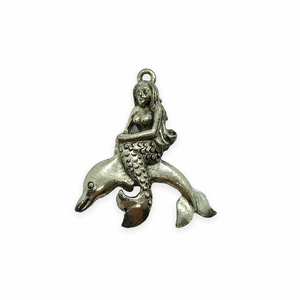 Mermaid riding dolphin pendant 1pc silver tone pewter 27mm-Orange Grove Beads