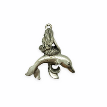 Load image into Gallery viewer, Mermaid riding dolphin charm pendant 2pc silver tone pewter 27mm
