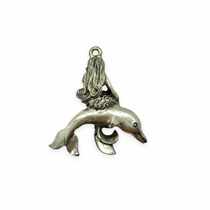 Mermaid riding dolphin charm pendant 2pc silver tone pewter 27mm