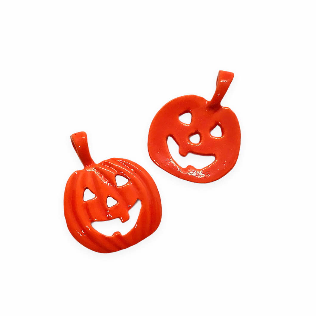 Halloween Carved Jack O'Lantern pumpkin charm pendant 2pc pewter orange epoxy 17mm-Orange Grove Beads