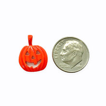 Load image into Gallery viewer, Halloween Carved Jack O&#39;Lantern pumpkin charm pendant 2pc pewter orange epoxy 17mm
