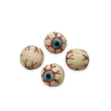Hand painted ceramic Halloween eyeball round beads 4pc 10mm-Orange Grove Beads