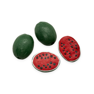 Hand painted tiny ceramic watermelon fruit beads charms 4pc 13x10mm-Orange Grove Beads