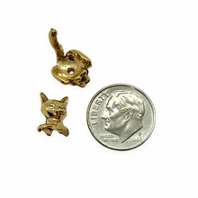 Load image into Gallery viewer, 2 sets (4pc) Antique gold tone pewter cat full body bead caps 19x10mm fits 8-10mm bead
