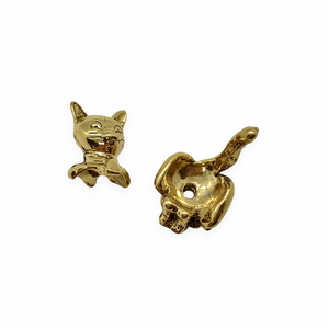 2 sets (4pc) Antique gold tone pewter cat full body bead caps 19x10mm fits 8-10mm bead