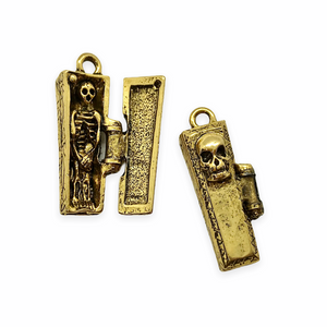 Hinged coffin locket charm pendant with mini skeleton 1pc antique gold pewter 29mm-Orange Grove Beads