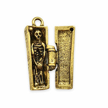 Load image into Gallery viewer, Hinged coffin locket charm pendant with mini skeleton 1pc antique gold pewter 29mm
