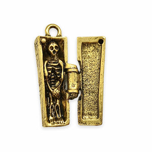 Hinged coffin locket charm pendant with mini skeleton 1pc antique gold pewter 29mm