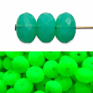 Czech glass faceted rondelle beads 25pc blue green opaline UV glow 9x6mm-Orange Grove Beads