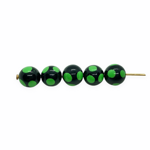 Vintage Japan round acrylic beads 15pc Halloween black green polka dots 8mm-Orange Grove Beads