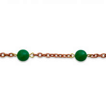 Load image into Gallery viewer, Vintage Japan copper coated steel chain with green glass beads 2ft
