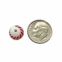 Load image into Gallery viewer, Vintage Japan round glass beads 15pc white with red peppermint stripes 10mm
