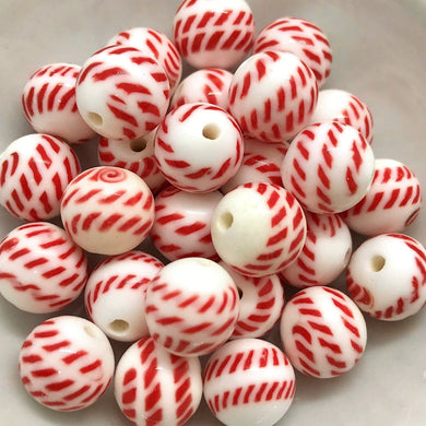 Vintage Japan round glass beads 10pc white with red peppermint stripes 10mm-Orange grove Beads