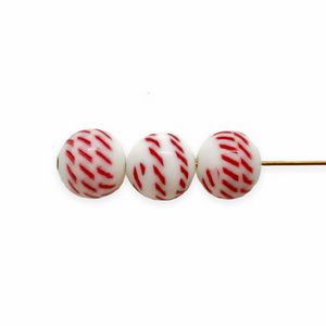 Vintage Japan round glass beads 15pc white with red peppermint stripes 10mm