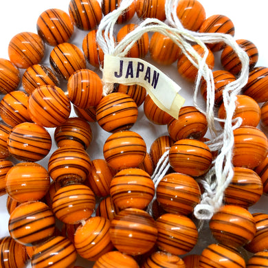 Vintage Japan round glass beads 10pc orange & black Halloween swirl 10mm-Orange Grove Beads